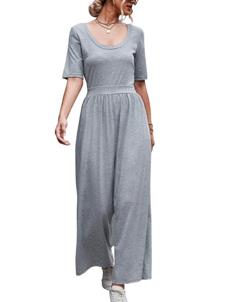 

solid scoop neck tee jumpsuit t0hb#, Black;white