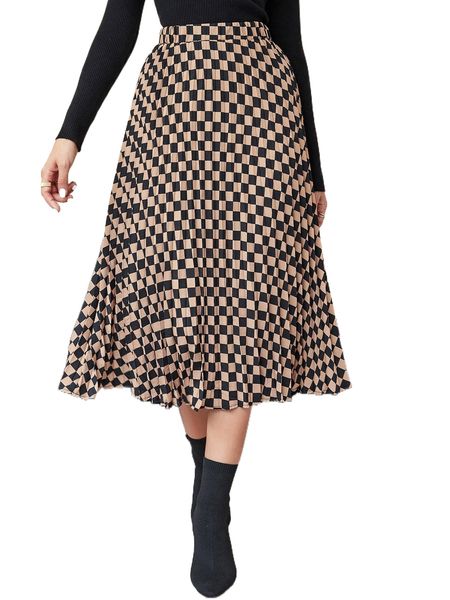 

high waist checker print pleated skirt n0wv#, Black