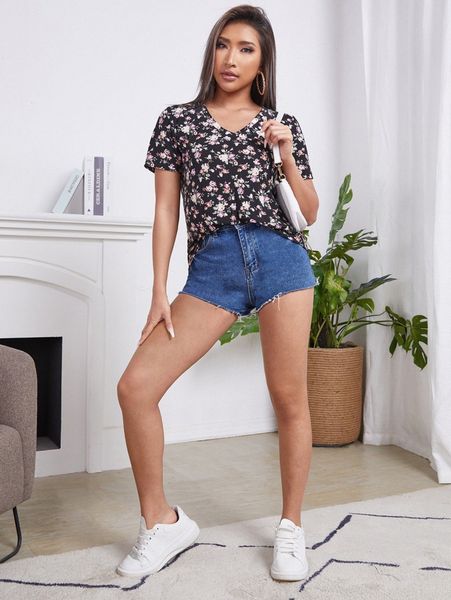 

floral print v-neck tee m5kb#, White