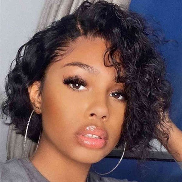 

8 inch short curly bob wig jerry human hair lace wigs for women pre plucked 13x1 t part pixie wigs peruvian remy 220609, Black;brown