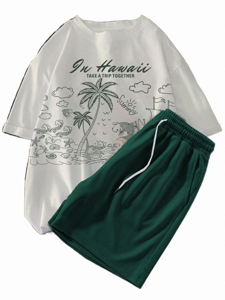 

men palm tree & slogan graphic tee & drawstring waist shorts a9yh#, Gray