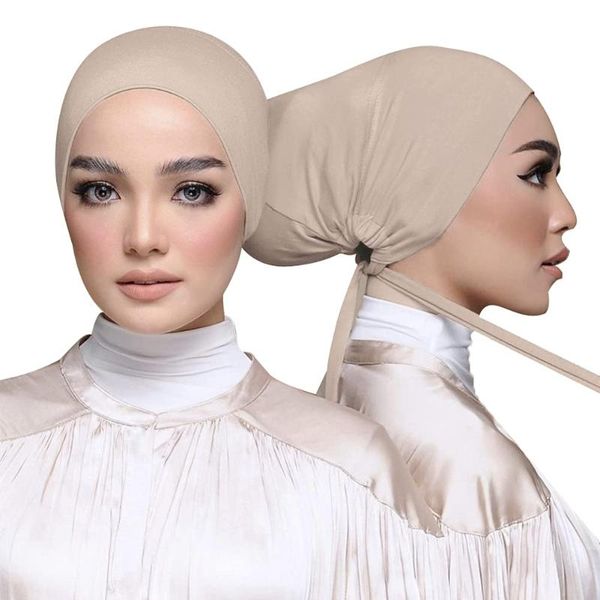 Boinas de moda frenulum lnner hijab tong along women subscarf capuz cor sólida cor islâmica chapéus de banda para a cabeça ajustável