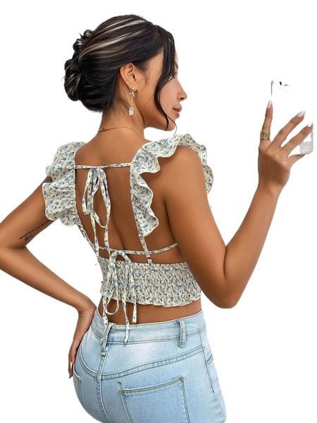

ditsy floral ruffle sleeve shirred tie back crop n20l#, White
