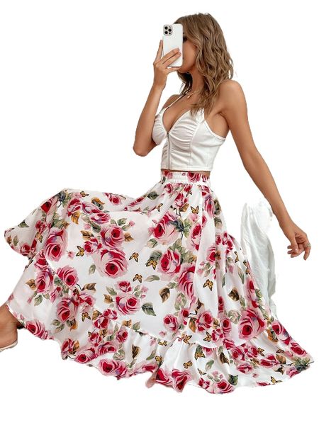 

floral and butterfly print ruffle hem skirt t0li#, Black