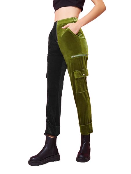 

x fortunate color block flap pocket velvet pants f8dc#, Black;white