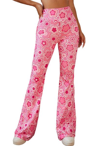 

floral print flare leg pants v9um#, Black;white