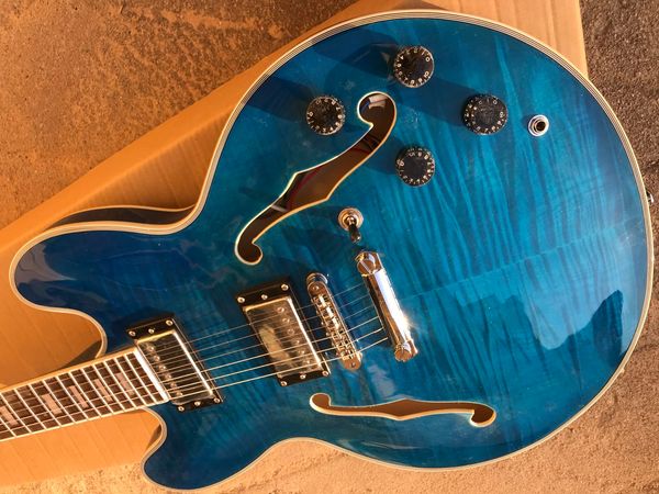 

semi-hollow 335 jazz electric guitar a flame maple building cream blue