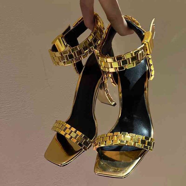 

dress shoes spring and summer style square head ultra-high heel sandals women's metal watch band one line buckle thick roman open toe, Black