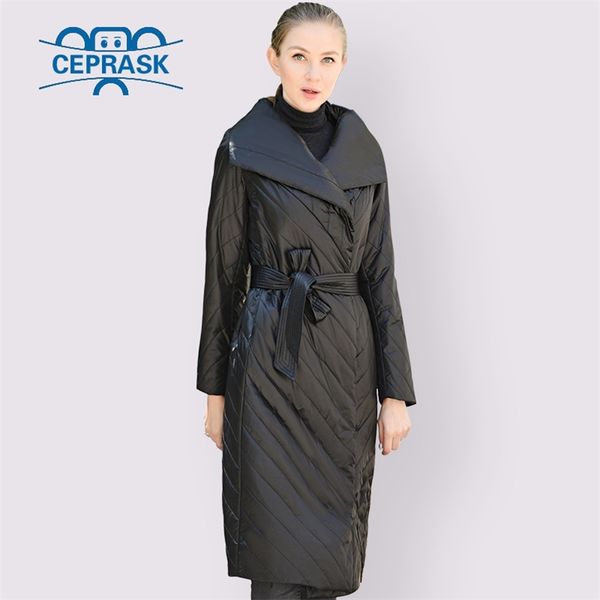 

ceprask 2020 women's coat spring autumn thin parka x-long plus size new designs european with belt women jacket lj201021, Black