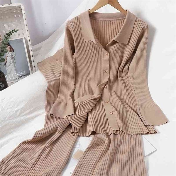 

autumn winter knit suit korean sweaters two piece sets wild lapel cardigan shirt loose wide leg pants two-piece suit women 210331, Gray