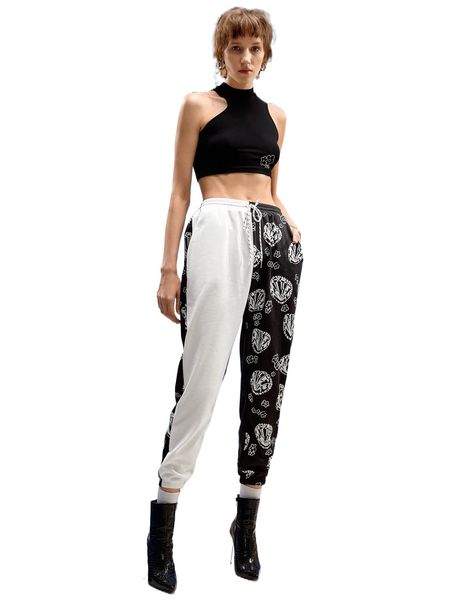 

x khaitect floral print two tone sweatpants f9um#, Black;white