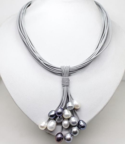 

01-12mm real white black gray freshwater pearl pendant necklace leather cord magnet clasp fashion jewelry, Silver