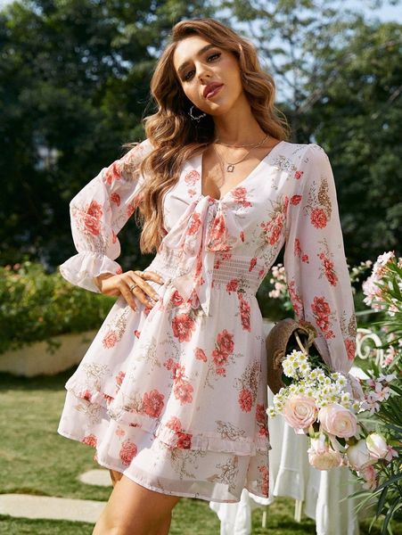 

simplee floral print flounce sleeve knotted shirred waist dress n6cy#, Black;gray