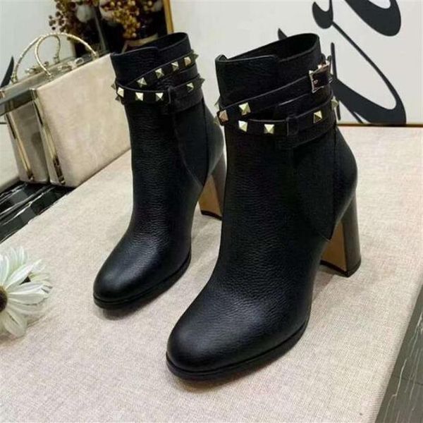 

luxury new womens martin rivet lichee cow leather chunky heel 8cm cowboy booties ms ladies shorts casual shoes sz35-40248p, Black