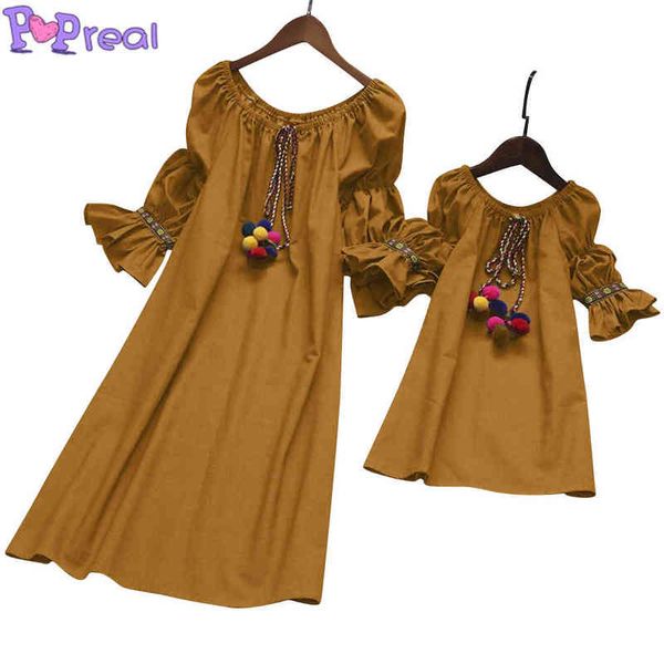 

poprealÂ autumn casual new mom and daughter dress lantern sleeves pompon decorated solid tie midi-sleeve family matching dresses aa220326, Red;yellow