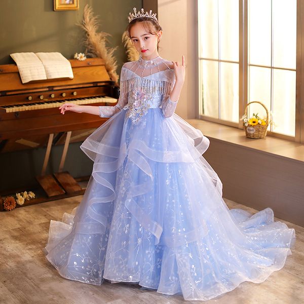 2022 meninas vestidos de concurso Princesa tule renda apliques pérolas crianças vestido de flor de flor luz clara azul azul luxo vestido de aniversário vestido de aniversário feito à mão Flores