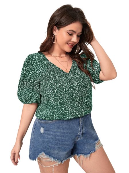 

plus plants print puff sleeve blouse m6ig#, Black