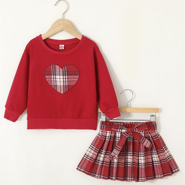 

little girl's plaid love embroidery pullover and belt pleated skirt she, White