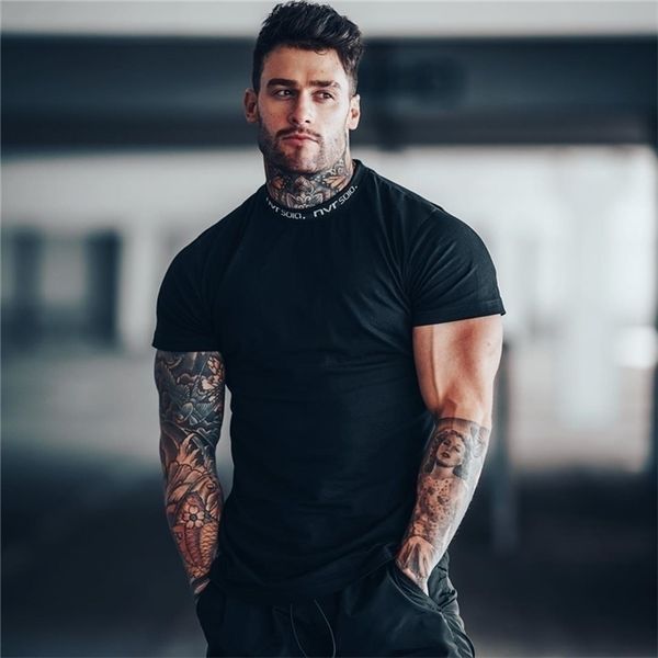 

gyms tshirt men short sleeve cotton tshirt casual slim t shirt male fitness bodybuilding workout tee summer clothing d220611, White;black