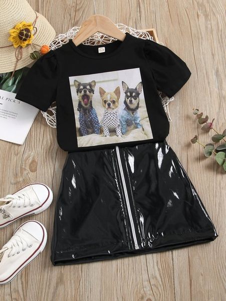 

toddler girls dog print tee & pu leather skirt she01, White