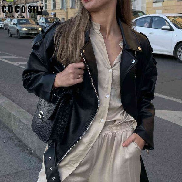 

2022 spring autumn new fashion women pu faux leather loose zipper jacket belt pocket solid simple casual female j220727, Black