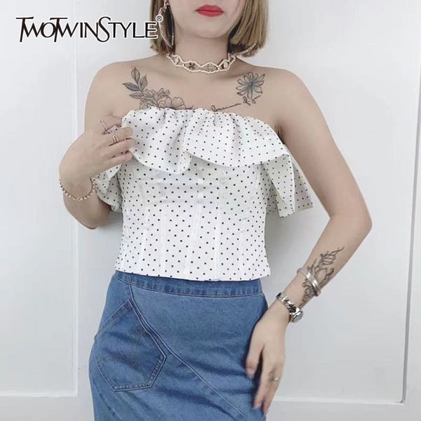 

print dot short shirts for women slash neck sleeveless patchwork ruffle blouses female summer fashion 210423, White