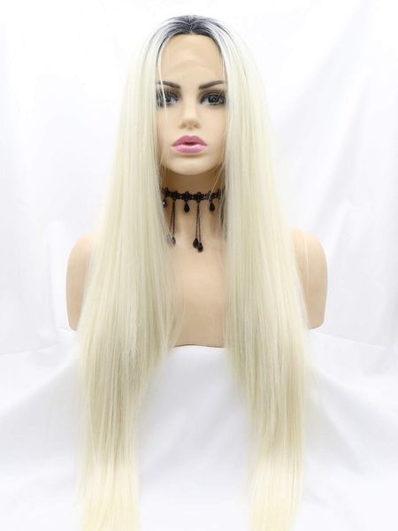 

13*3 lace front 150% long straight synthetic wig, Golden;white
