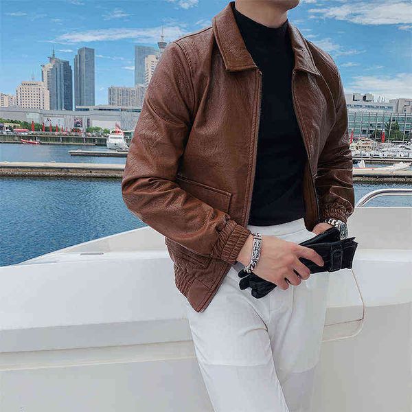 

2022 and loose spring slim-fit leather zipper jacket men's jacket european american simple solid color lapel men's jacket t220728, Black