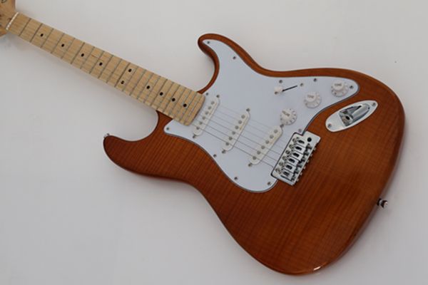 

dark red body electric guitar with white pickguard,chrome hardware,flame maple veneer,provide customized services