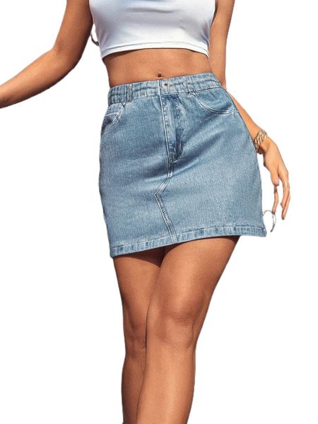 

solid elastic waist straight chambray skirt u6ed#, Black