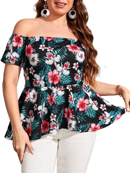 

plus tropical print off shoulder peplum tee i3en#, Black