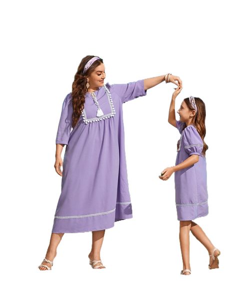 

plus 1pc pompom trim tie front puff sleeve tunic dress t7xk#, Black