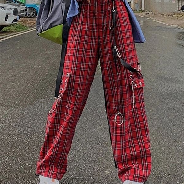 HOUZHOU Punk Cargo Plaid Pantaloni Donna Gothic Harajuku Pantaloni a gamba larga a scacchi rossi per donna Autunno Streetwear Hippie Fashion 220726