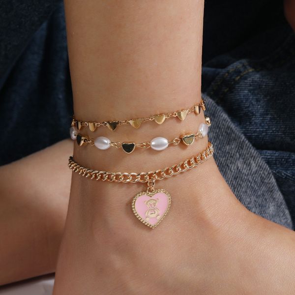 

s2913 fashion jewelry women foot ornaments multi-layer heart enamel bear pendant anklet heart faux pearls chain anklets 3pcs/set, Red;blue