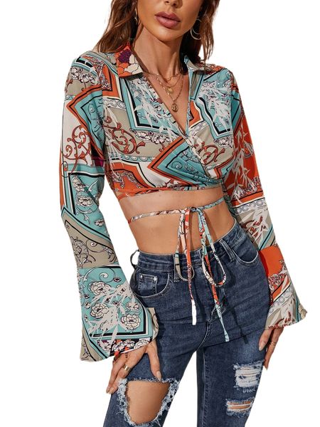 

scarf print crisscross knot front trumpet sleeve crop blouse v1zo#, White