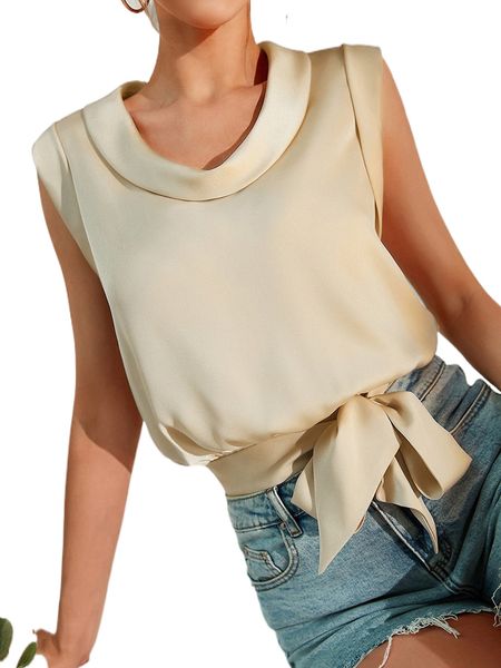 

tie front sleeveless solid blouse h35f#, White