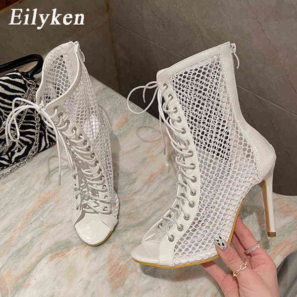 Sandalet Eilyken Gladyatör Kadın Çizmeler Sandalet Yaz Seksi Oymak Örgü Peep Toe Çapraz Yapıştırılmış Dantel Yukarı Fermuar Yüksek Topuklu Bayan Ayakkabı 220318