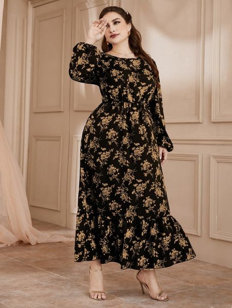 

plus floral print lantern sleeve ruffle hem dress 39yn#, Black