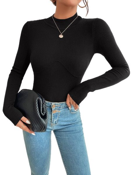 

mock neck ribbed knit sweater x3vb#, White;black