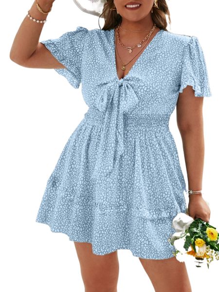 

simplee plus allover print knot front shirred frill trim dress 06m1#, Black