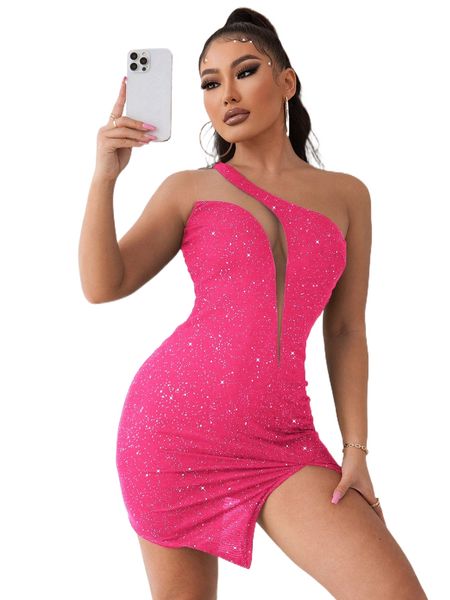 

joyfunear one shoulder mesh insert split hem sequin bodycon dress p7gf#, Black;gray