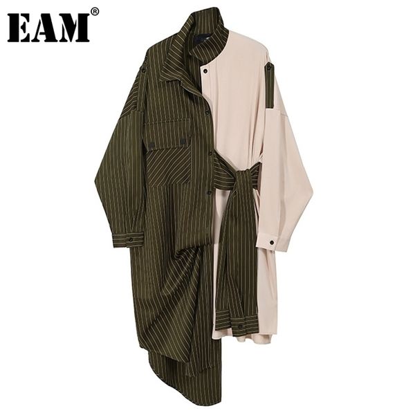 EAM Women Green Green Striped Split платье большого размера Новое лапе с длинным рукавом свободно подходит для моды весна осень 2021 210320