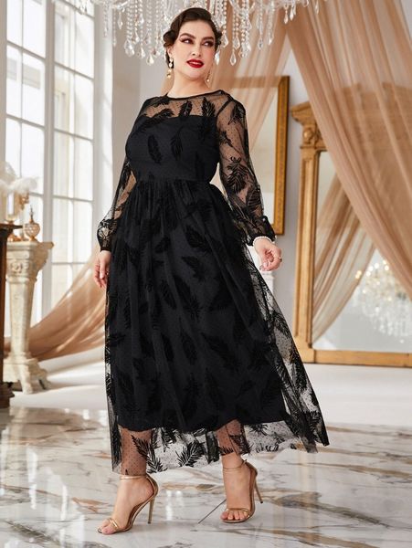 

plus feather & polka dot print lantern sleeve mesh dress 32vn#, Black