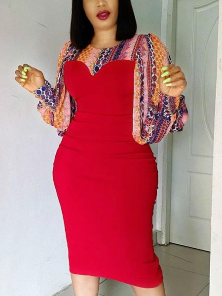 

women bodycon dresses patchwork printed lantern sleeves elegant office ladies work wear spring fashion african female, Black;gray