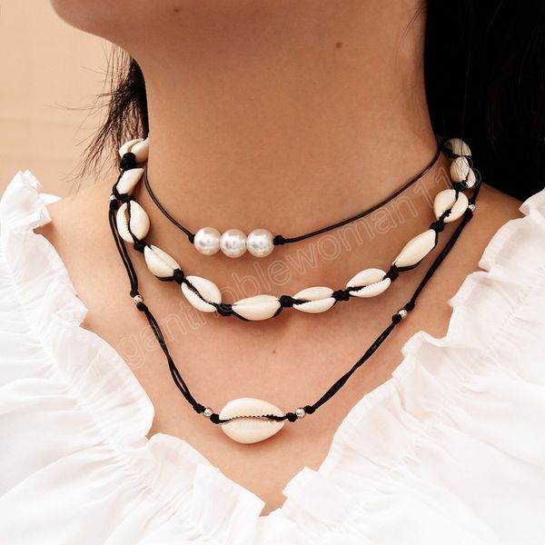

fashion natural cowrie shell choker necklace for women black rope shell pendant necklaces statement collier beach jewelry, Silver