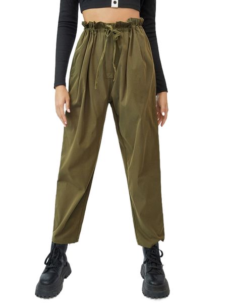 

solid drawstring paper bag waist pants e82o#, Black;white
