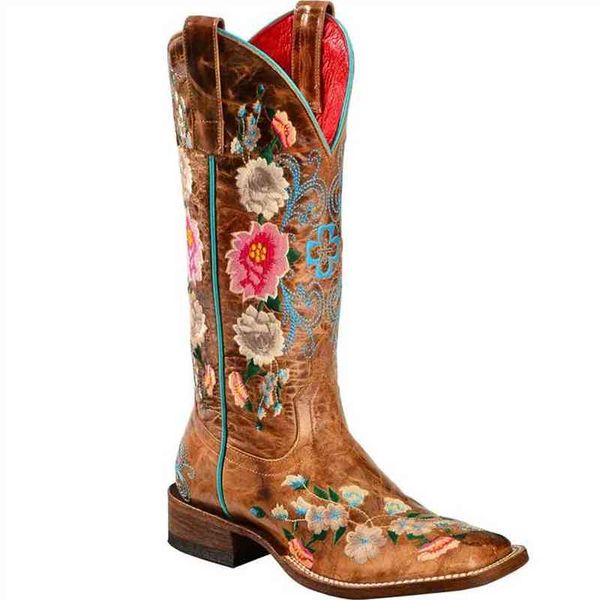 Mulheres Botas de inverno de outono deslizam em flor Cowboy Casual Botas Feminina Moda Bordeiro Sapatos Tamanho 45 220815