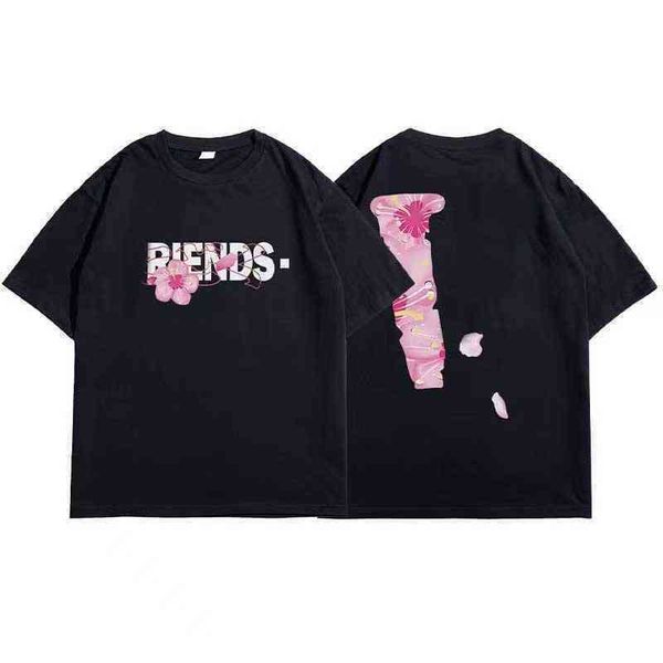 

vlones designer european and american fashion brand sakura big v cherry printed short sleeve pure cotton quality hip hop men women6, White;black