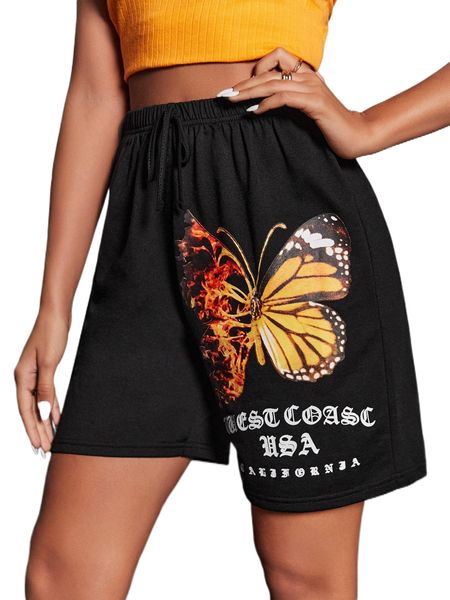 

butterfly & fire print knot waist shorts w4en#, White;black