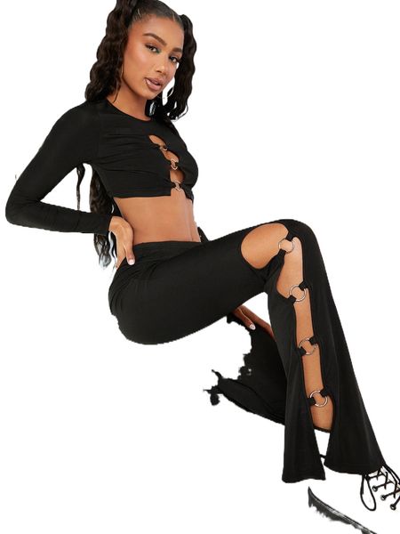 

ring cutout crop & flared leg pants 15j3#, White